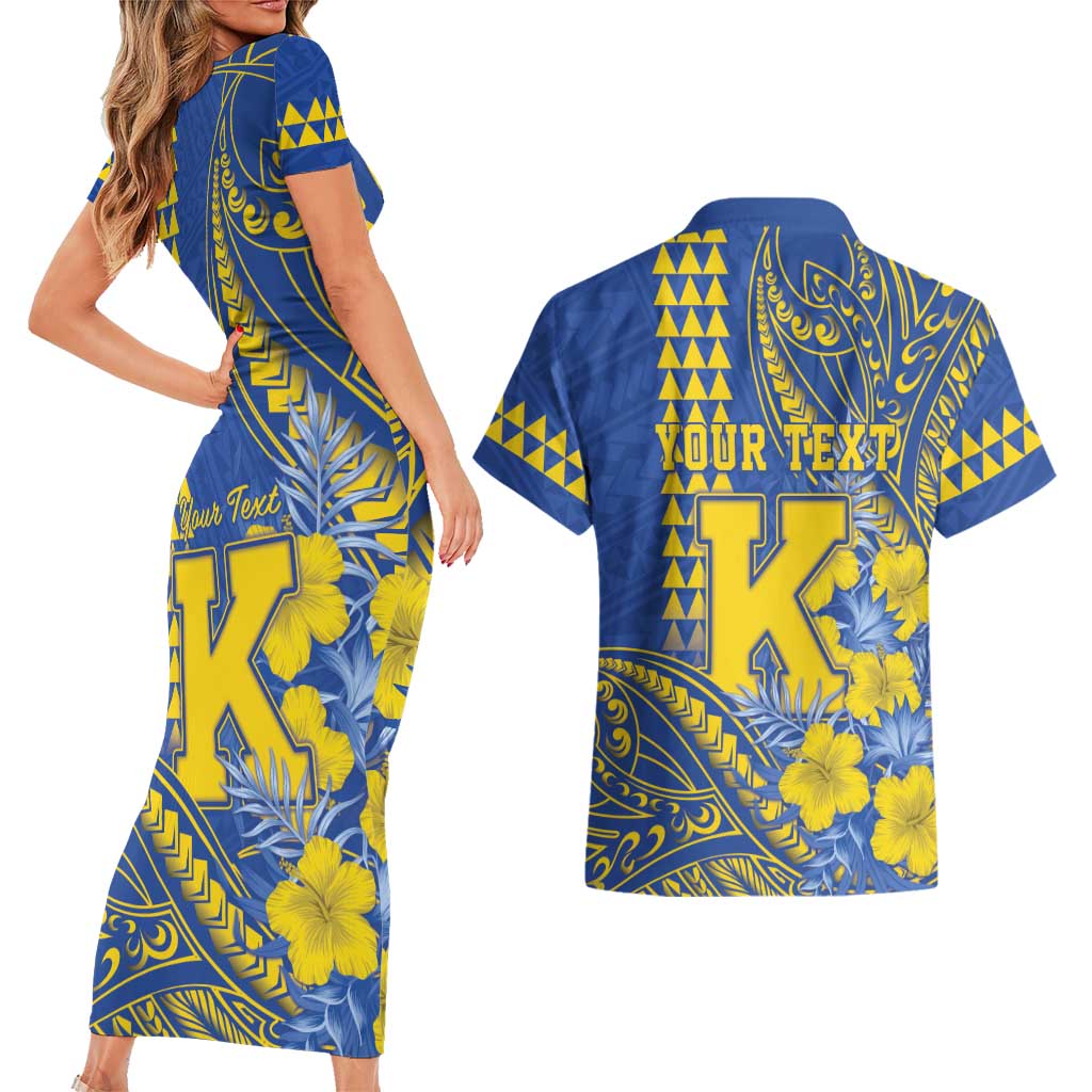 Personalised Hawaii Kaiser High School Couples Matching Short Sleeve Bodycon Dress and Hawaiian Shirt Tribal Tattoo With Hibiscus Flowers LT05 - Polynesian Pride