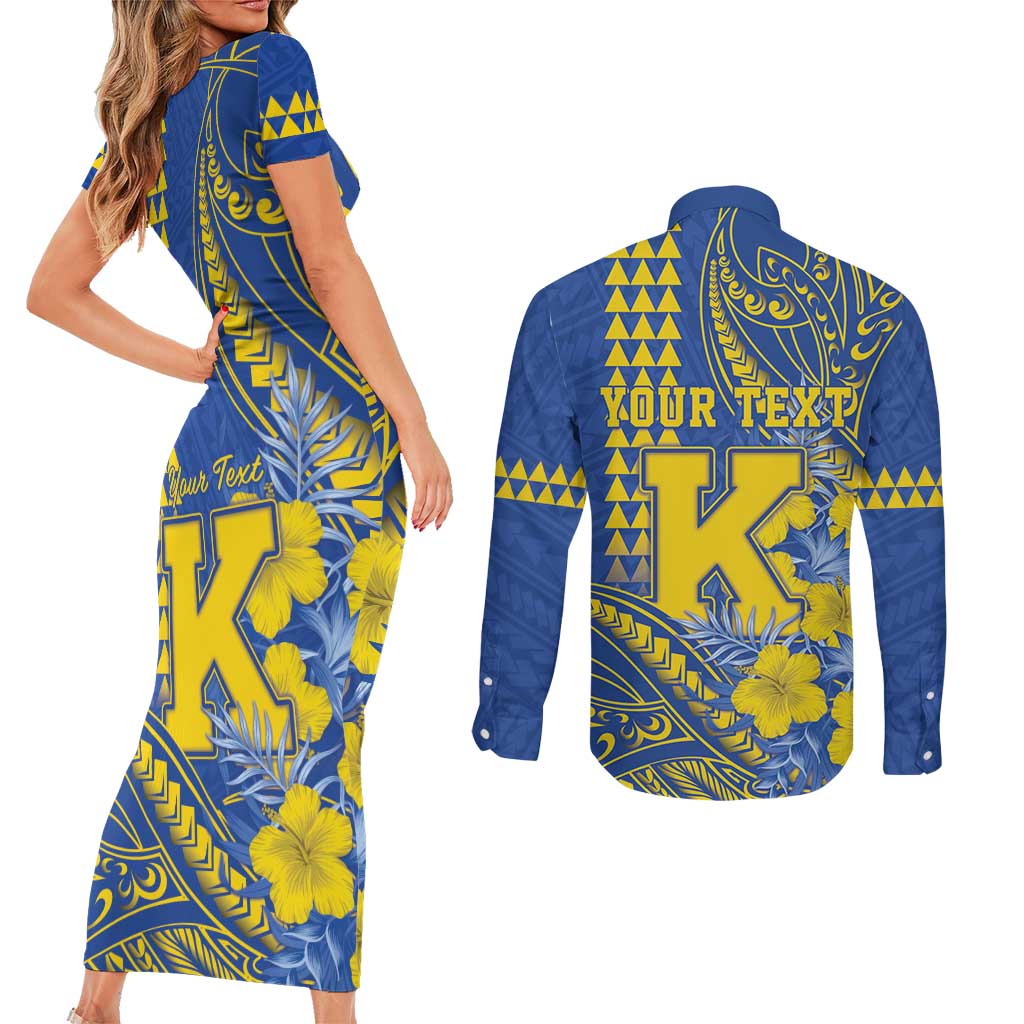 Personalised Hawaii Kaiser High School Couples Matching Short Sleeve Bodycon Dress and Long Sleeve Button Shirt Tribal Tattoo With Hibiscus Flowers LT05 - Polynesian Pride
