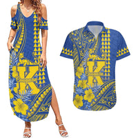 Personalised Hawaii Kaiser High School Couples Matching Summer Maxi Dress and Hawaiian Shirt Tribal Tattoo With Hibiscus Flowers LT05 Blue - Polynesian Pride