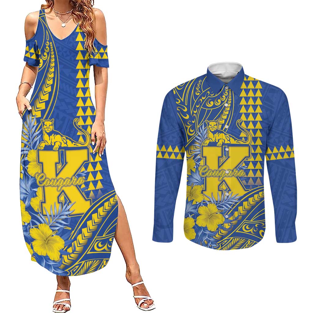 Personalised Hawaii Kaiser High School Couples Matching Summer Maxi Dress and Long Sleeve Button Shirt Tribal Tattoo With Hibiscus Flowers LT05 Blue - Polynesian Pride