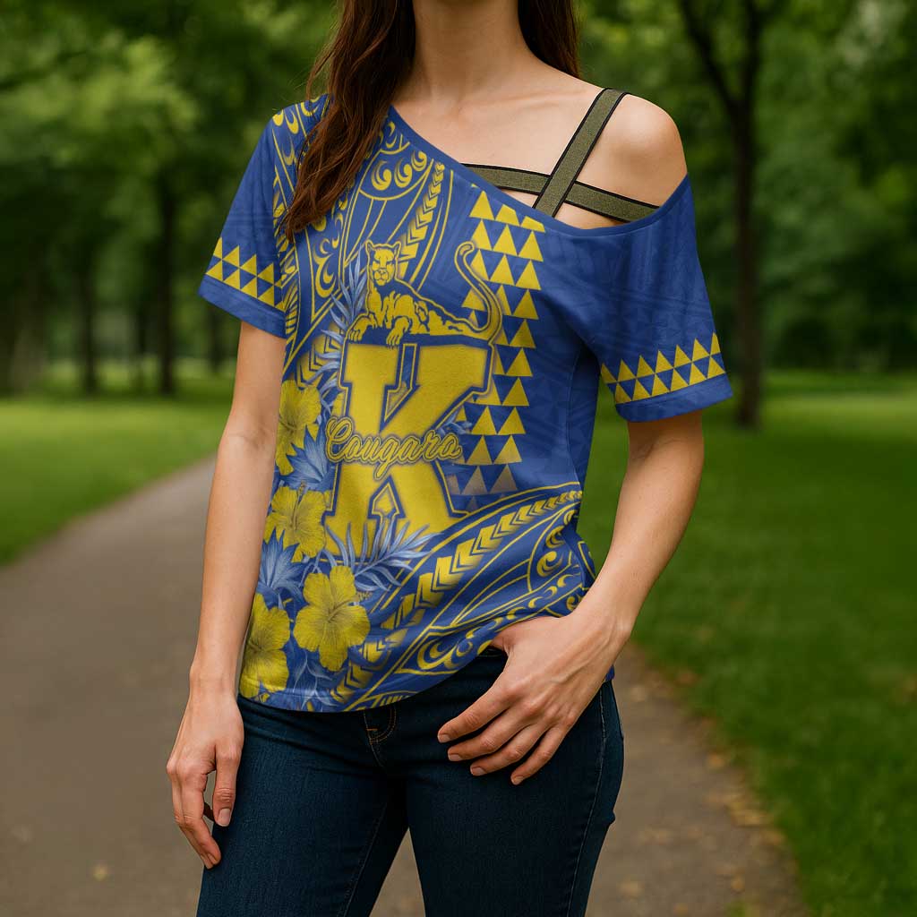 Personalised Hawaii Kaiser High School Cross Shoulder Shirt Tribal Tattoo With Hibiscus Flowers