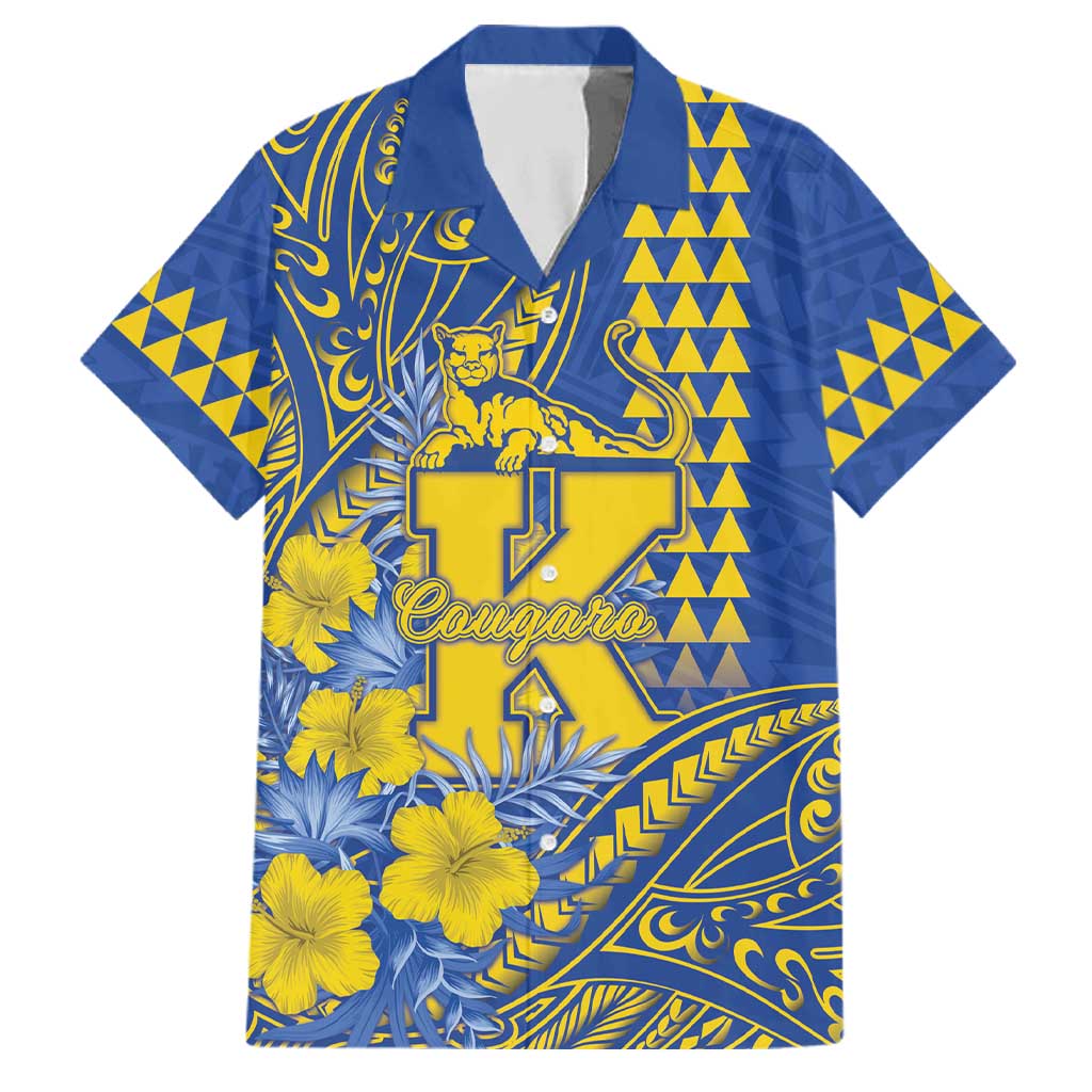 Personalised Hawaii Kaiser High School Family Matching Long Sleeve Bodycon Dress and Hawaiian Shirt Tribal Tattoo With Hibiscus Flowers LT05 Dad's Shirt - Short Sleeve Blue - Polynesian Pride