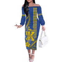 Personalised Hawaii Kaiser High School Family Matching Off The Shoulder Long Sleeve Dress and Hawaiian Shirt Tribal Tattoo With Hibiscus Flowers LT05 Mom's Dress Blue - Polynesian Pride