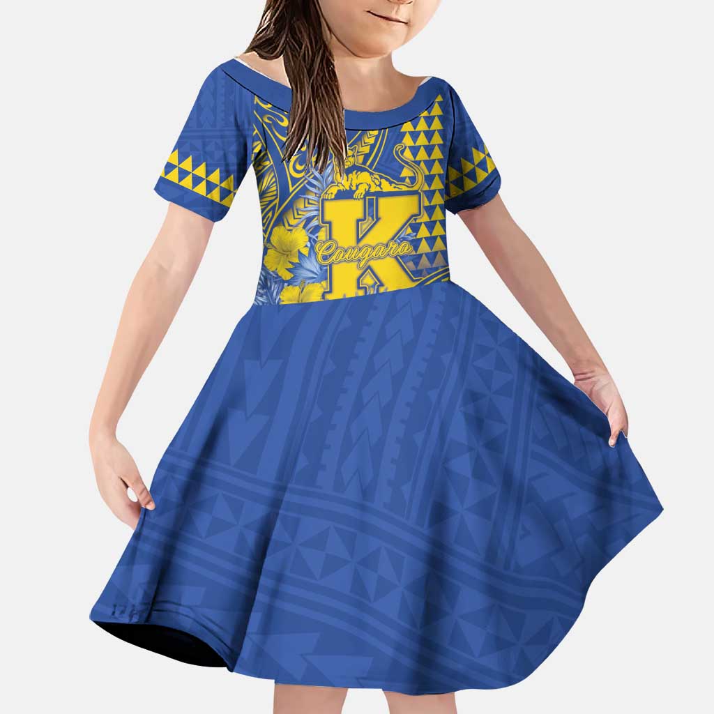 Personalised Hawaii Kaiser High School Family Matching Off Shoulder Maxi Dress and Hawaiian Shirt Tribal Tattoo With Hibiscus Flowers LT05 Daughter's Dress Blue - Polynesian Pride