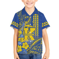Personalised Hawaii Kaiser High School Family Matching Off Shoulder Maxi Dress and Hawaiian Shirt Tribal Tattoo With Hibiscus Flowers LT05 Son's Shirt Blue - Polynesian Pride