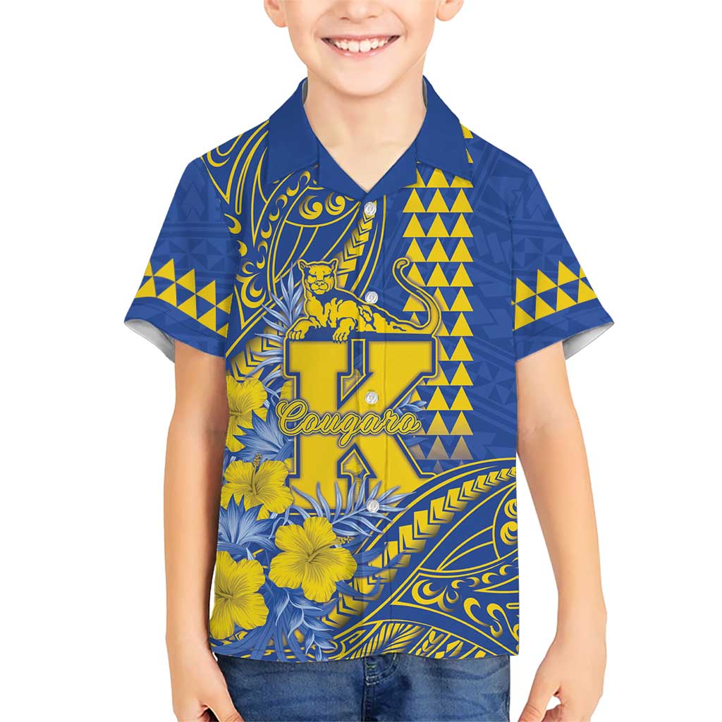 Personalised Hawaii Kaiser High School Family Matching Puletasi and Hawaiian Shirt Tribal Tattoo With Hibiscus Flowers LT05 Son's Shirt Blue - Polynesian Pride