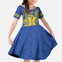 Personalised Hawaii Kaiser High School Family Matching Short Sleeve Bodycon Dress and Hawaiian Shirt Tribal Tattoo With Hibiscus Flowers LT05 Daughter's Dress Blue - Polynesian Pride