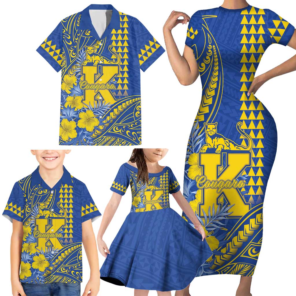 Personalised Hawaii Kaiser High School Family Matching Short Sleeve Bodycon Dress and Hawaiian Shirt Tribal Tattoo With Hibiscus Flowers