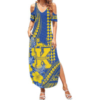 Personalised Hawaii Kaiser High School Family Matching Summer Maxi Dress and Hawaiian Shirt Tribal Tattoo With Hibiscus Flowers LT05 Mom's Dress Blue - Polynesian Pride