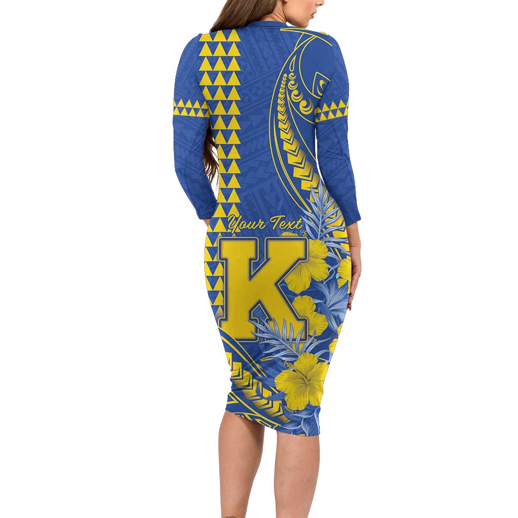 Personalised Hawaii Kaiser High School Long Sleeve Bodycon Dress Tribal Tattoo With Hibiscus Flowers LT05 - Polynesian Pride