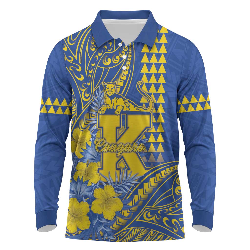 Personalised Hawaii Kaiser High School Long Sleeve Polo Shirt Tribal Tattoo With Hibiscus Flowers