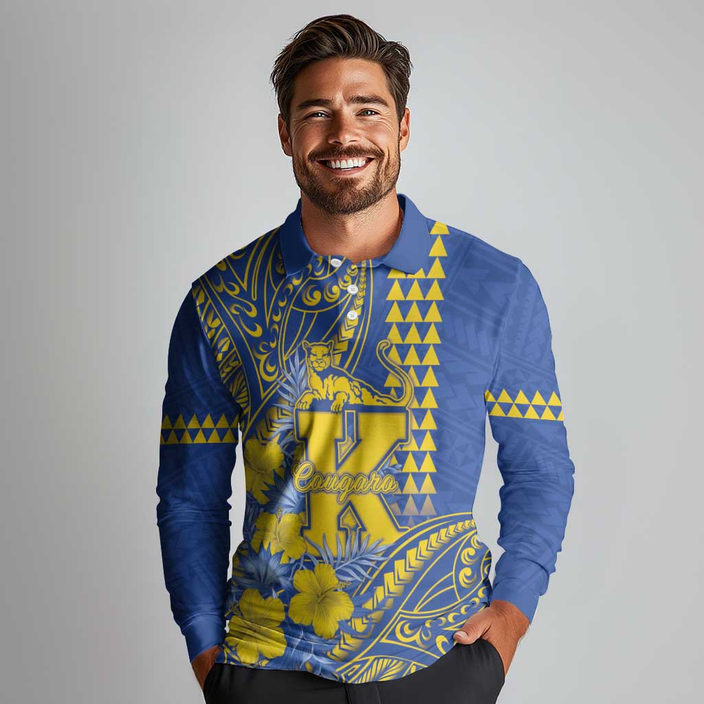 Personalised Hawaii Kaiser High School Long Sleeve Polo Shirt Tribal Tattoo With Hibiscus Flowers LT05 - Polynesian Pride