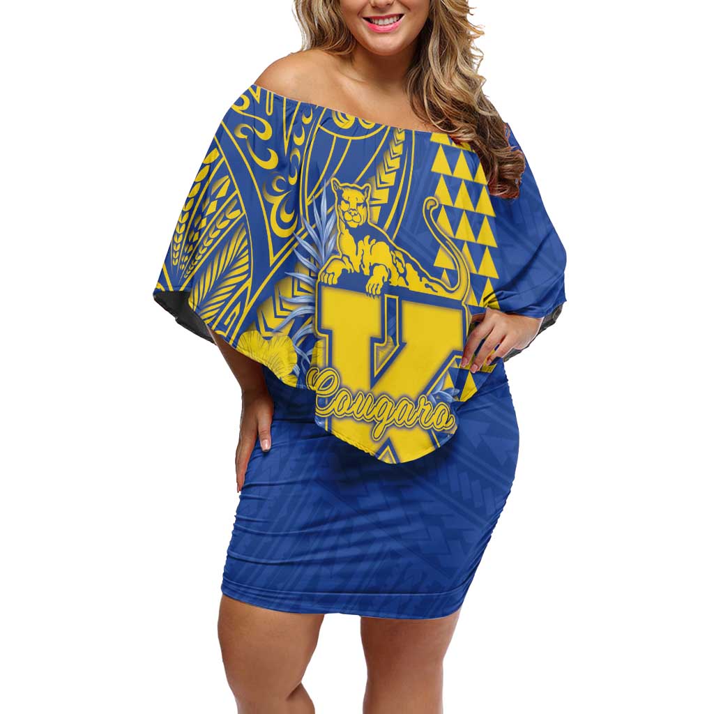 Personalised Hawaii Kaiser High School Off Shoulder Short Dress Tribal Tattoo With Hibiscus Flowers LT05 Women Blue - Polynesian Pride