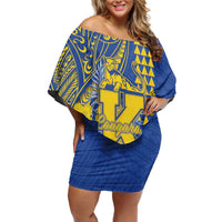 Personalised Hawaii Kaiser High School Off Shoulder Short Dress Tribal Tattoo With Hibiscus Flowers LT05 Women Blue - Polynesian Pride
