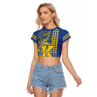 Personalised Hawaii Kaiser High School Raglan Cropped T Shirt Tribal Tattoo With Hibiscus Flowers LT05 Female Blue - Polynesian Pride