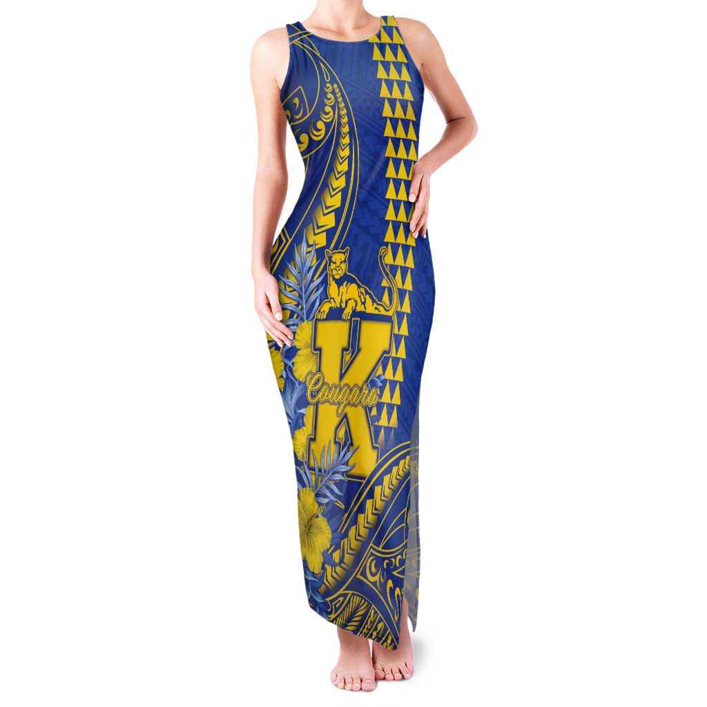 Personalised Hawaii Kaiser High School Tank Maxi Dress Tribal Tattoo With Hibiscus Flowers LT05 Women Blue - Polynesian Pride