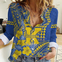 Personalised Hawaii Kaiser High School Women Casual Shirt Tribal Tattoo With Hibiscus Flowers LT05 Female Blue - Polynesian Pride