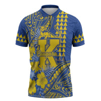 Personalised Hawaii Kaiser High School Zipper Polo Shirt Tribal Tattoo With Hibiscus Flowers LT05 Blue - Polynesian Pride