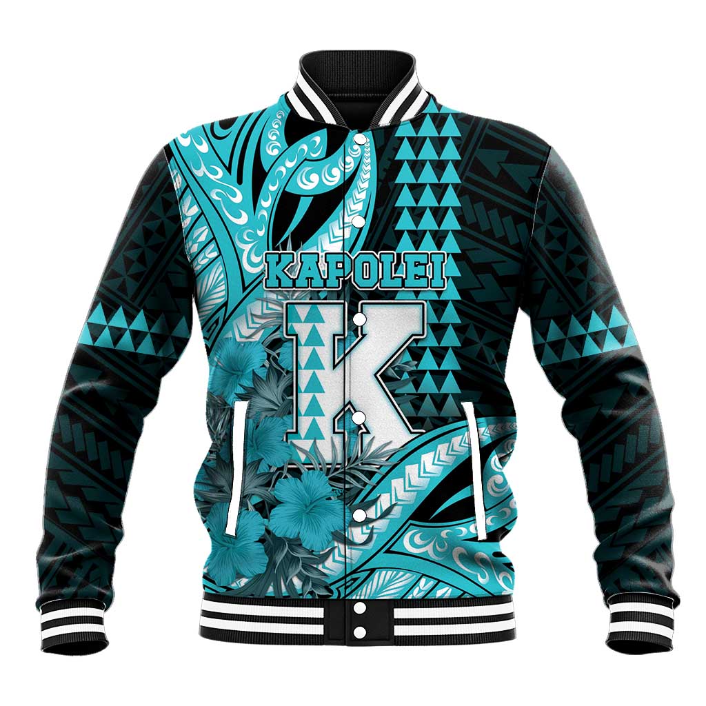 Personalised Hawaii Kapolei High School Baseball Jacket Tribal Tattoo With Hibiscus Flowers LT05 Unisex Dark Teal - Polynesian Pride