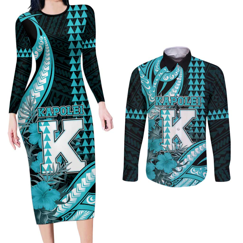 Personalised Hawaii Kapolei High School Couples Matching Long Sleeve Bodycon Dress and Long Sleeve Button Shirt Tribal Tattoo With Hibiscus Flowers