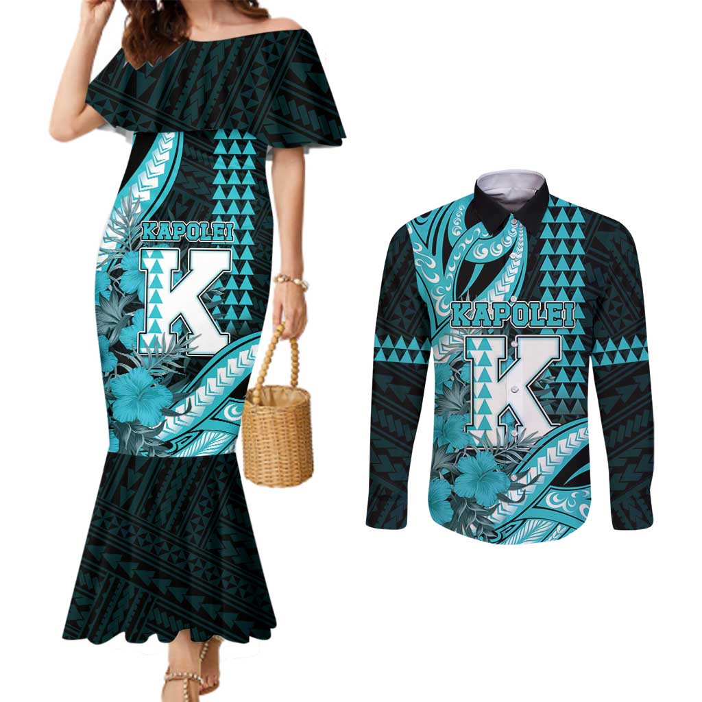Personalised Hawaii Kapolei High School Couples Matching Mermaid Dress and Long Sleeve Button Shirt Tribal Tattoo With Hibiscus Flowers LT05 Dark Teal - Polynesian Pride