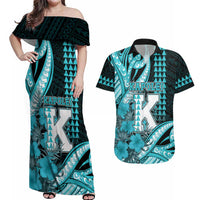 Personalised Hawaii Kapolei High School Couples Matching Off Shoulder Maxi Dress and Hawaiian Shirt Tribal Tattoo With Hibiscus Flowers LT05 Dark Teal - Polynesian Pride