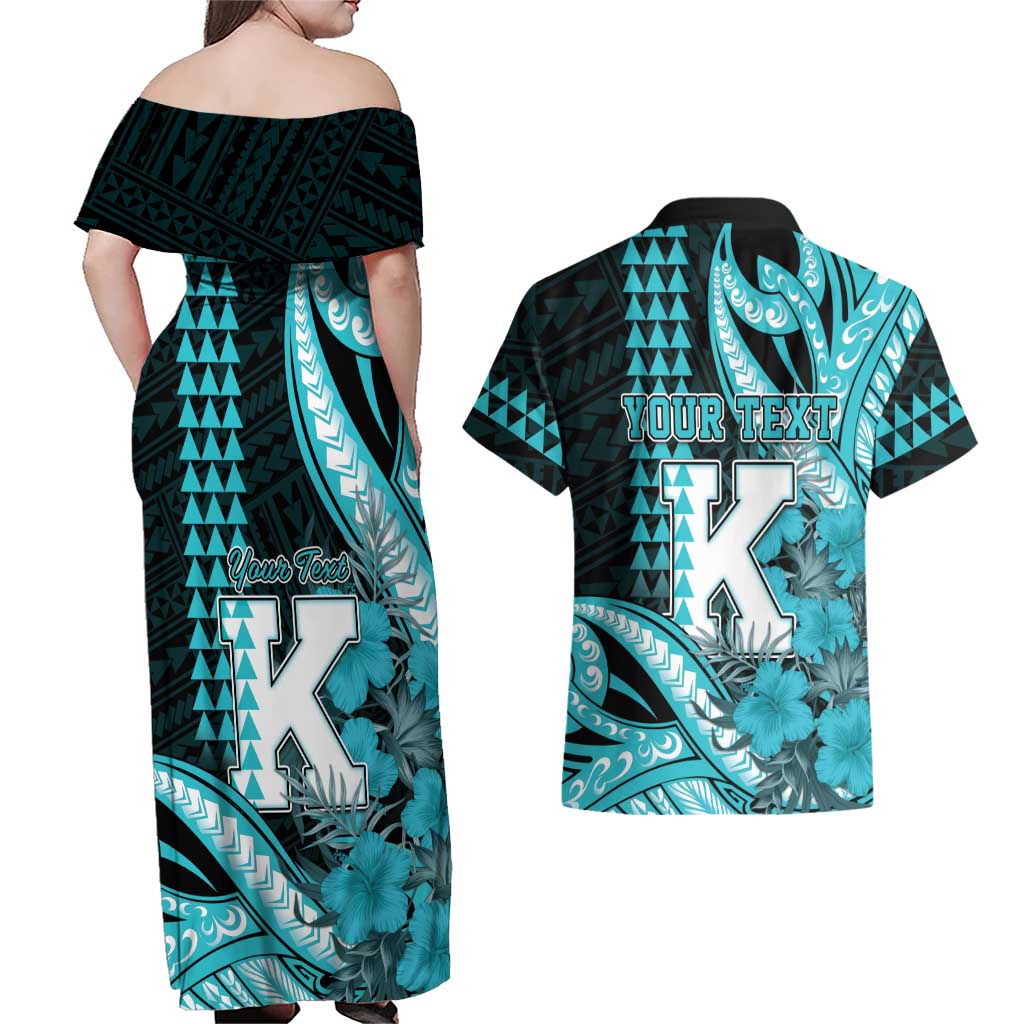 Personalised Hawaii Kapolei High School Couples Matching Off Shoulder Maxi Dress and Hawaiian Shirt Tribal Tattoo With Hibiscus Flowers LT05 - Polynesian Pride