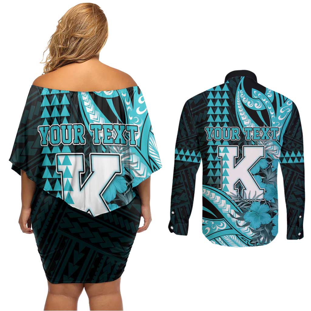 Personalised Hawaii Kapolei High School Couples Matching Off Shoulder Short Dress and Long Sleeve Button Shirt Tribal Tattoo With Hibiscus Flowers LT05 - Polynesian Pride