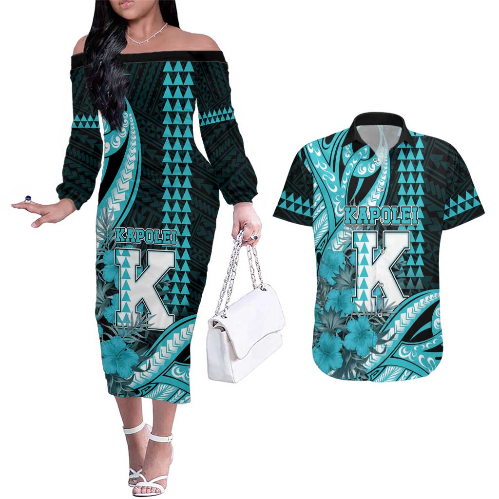Personalised Hawaii Kapolei High School Couples Matching Off The Shoulder Long Sleeve Dress and Hawaiian Shirt Tribal Tattoo With Hibiscus Flowers