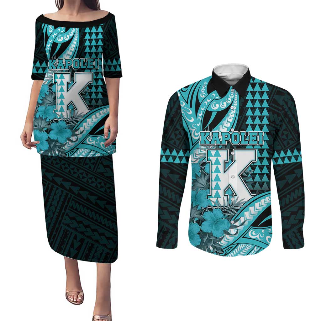 Personalised Hawaii Kapolei High School Couples Matching Puletasi and Long Sleeve Button Shirt Tribal Tattoo With Hibiscus Flowers LT05 Dark Teal - Polynesian Pride