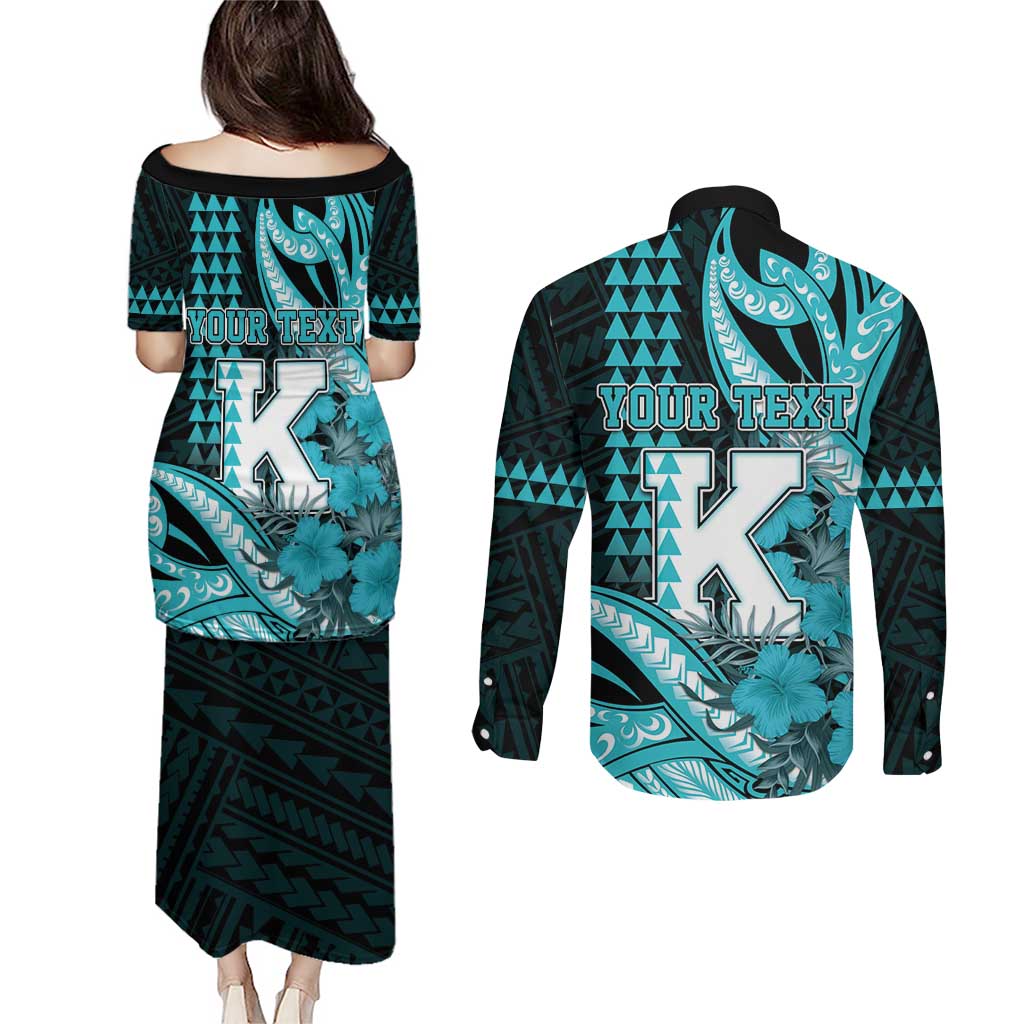 Personalised Hawaii Kapolei High School Couples Matching Puletasi and Long Sleeve Button Shirt Tribal Tattoo With Hibiscus Flowers LT05 - Polynesian Pride