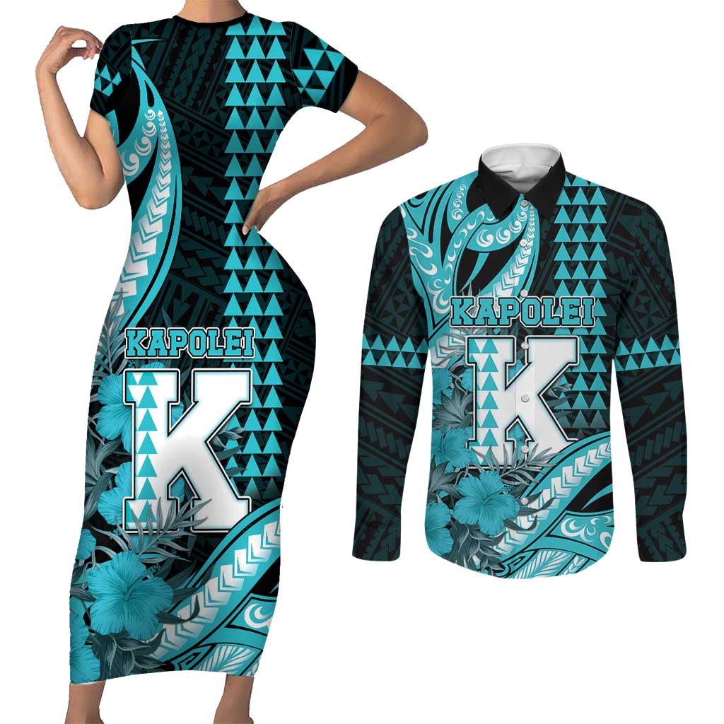 Personalised Hawaii Kapolei High School Couples Matching Short Sleeve Bodycon Dress and Long Sleeve Button Shirt Tribal Tattoo With Hibiscus Flowers