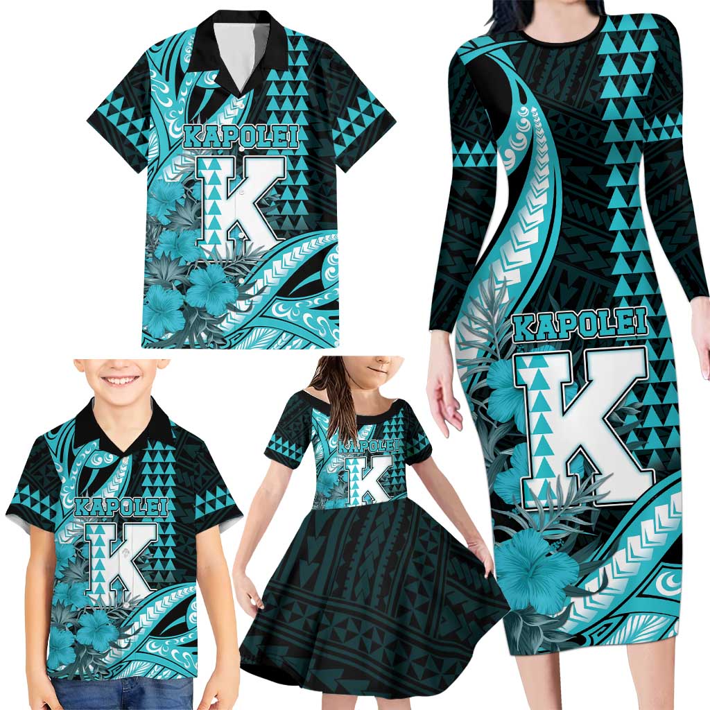 Personalised Hawaii Kapolei High School Family Matching Long Sleeve Bodycon Dress and Hawaiian Shirt Tribal Tattoo With Hibiscus Flowers