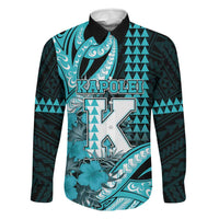 Personalised Hawaii Kapolei High School Family Matching Long Sleeve Bodycon Dress and Hawaiian Shirt Tribal Tattoo With Hibiscus Flowers LT05 Dad's Shirt - Long Sleeve Dark Teal - Polynesian Pride