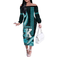 Personalised Hawaii Kapolei High School Family Matching Off The Shoulder Long Sleeve Dress and Hawaiian Shirt Tribal Tattoo With Hibiscus Flowers LT05 Mom's Dress Dark Teal - Polynesian Pride