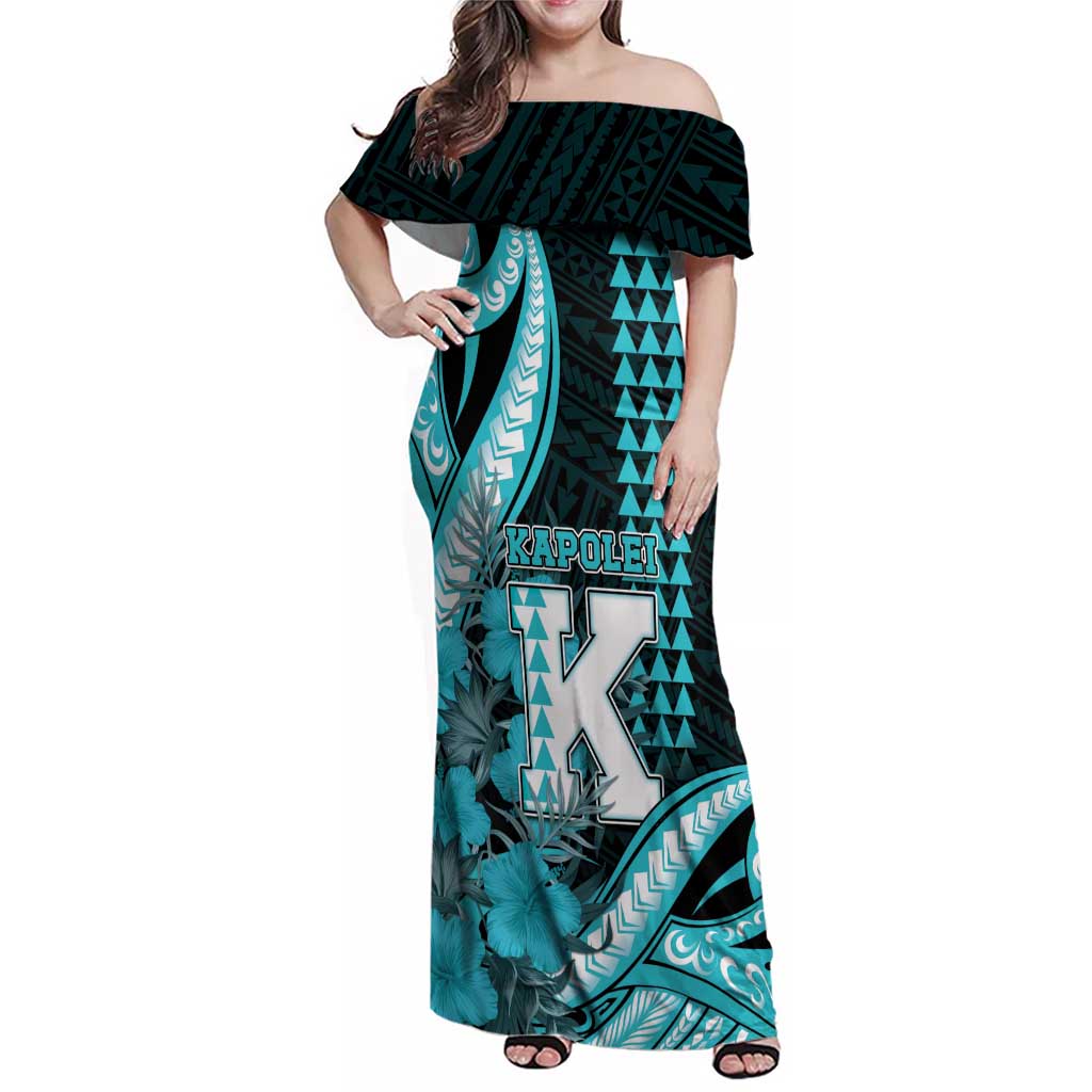 Personalised Hawaii Kapolei High School Family Matching Off Shoulder Maxi Dress and Hawaiian Shirt Tribal Tattoo With Hibiscus Flowers LT05 Mom's Dress Dark Teal - Polynesian Pride