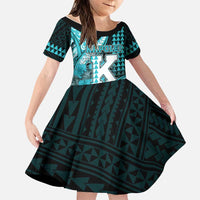 Personalised Hawaii Kapolei High School Family Matching Off Shoulder Short Dress and Hawaiian Shirt Tribal Tattoo With Hibiscus Flowers LT05 Daughter's Dress Dark Teal - Polynesian Pride