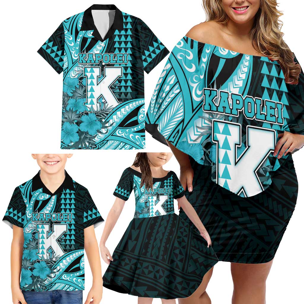Personalised Hawaii Kapolei High School Family Matching Off Shoulder Short Dress and Hawaiian Shirt Tribal Tattoo With Hibiscus Flowers LT05 - Polynesian Pride