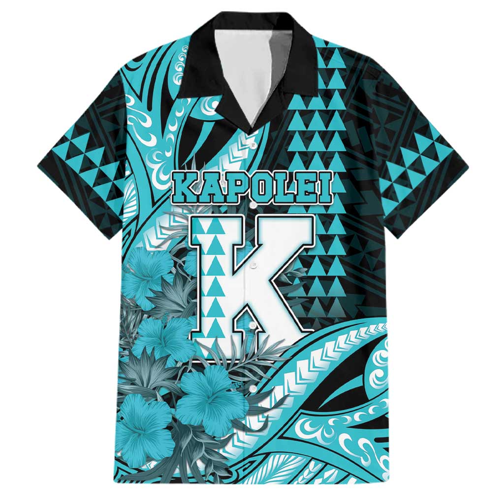 Personalised Hawaii Kapolei High School Family Matching Off Shoulder Short Dress and Hawaiian Shirt Tribal Tattoo With Hibiscus Flowers LT05 Dad's Shirt - Short Sleeve Dark Teal - Polynesian Pride
