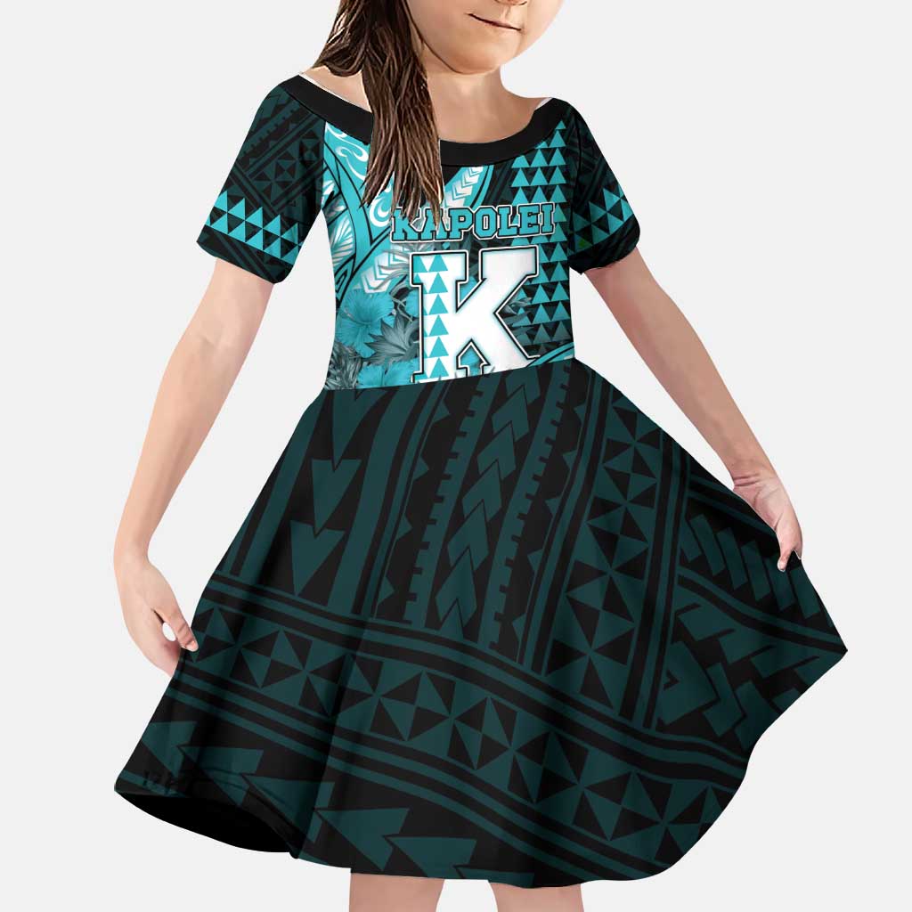 Personalised Hawaii Kapolei High School Family Matching Puletasi and Hawaiian Shirt Tribal Tattoo With Hibiscus Flowers LT05 Daughter's Dress Dark Teal - Polynesian Pride