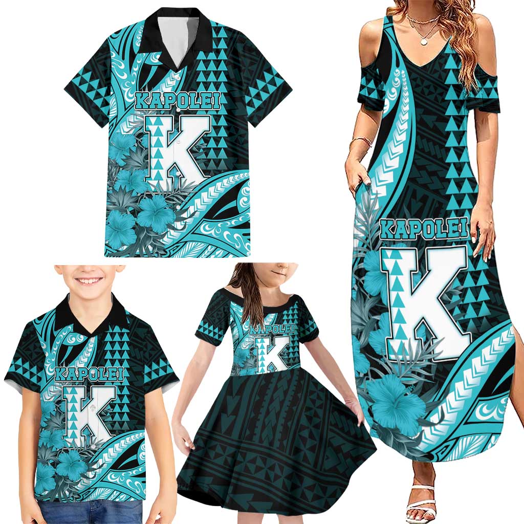 Personalised Hawaii Kapolei High School Family Matching Summer Maxi Dress and Hawaiian Shirt Tribal Tattoo With Hibiscus Flowers