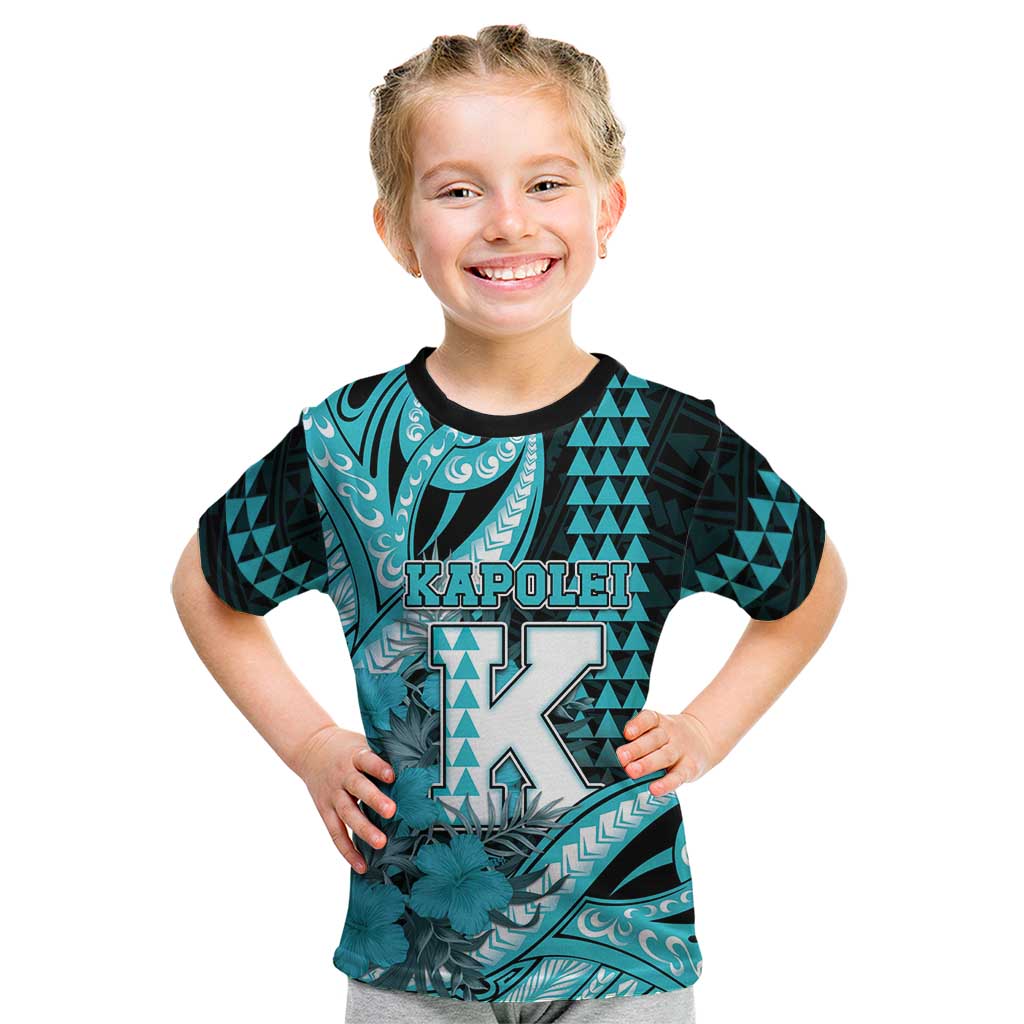 Personalised Hawaii Kapolei High School Kid T Shirt Tribal Tattoo With Hibiscus Flowers LT05 Dark Teal - Polynesian Pride