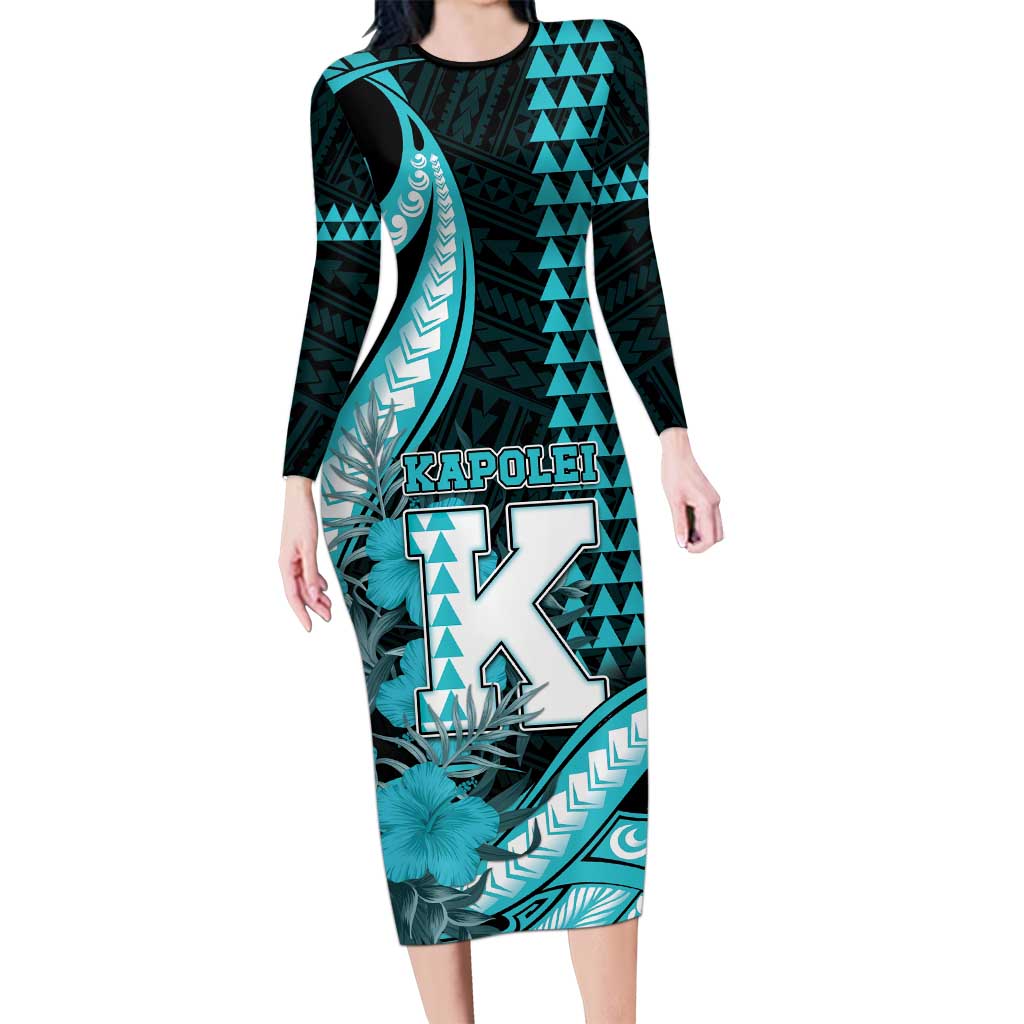 Personalised Hawaii Kapolei High School Long Sleeve Bodycon Dress Tribal Tattoo With Hibiscus Flowers LT05 Long Dress Dark Teal - Polynesian Pride