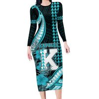 Personalised Hawaii Kapolei High School Long Sleeve Bodycon Dress Tribal Tattoo With Hibiscus Flowers LT05 Long Dress Dark Teal - Polynesian Pride