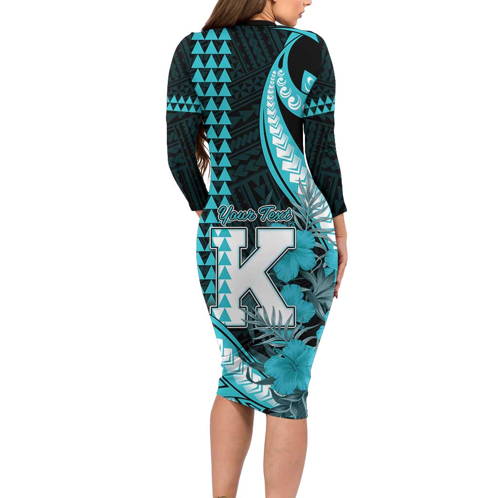 Personalised Hawaii Kapolei High School Long Sleeve Bodycon Dress Tribal Tattoo With Hibiscus Flowers LT05 - Polynesian Pride