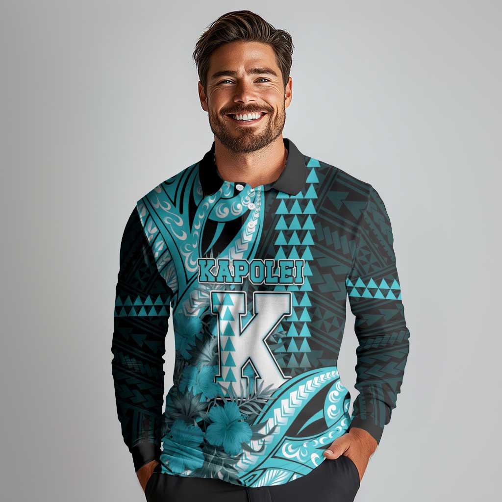 Personalised Hawaii Kapolei High School Long Sleeve Polo Shirt Tribal Tattoo With Hibiscus Flowers LT05 - Polynesian Pride