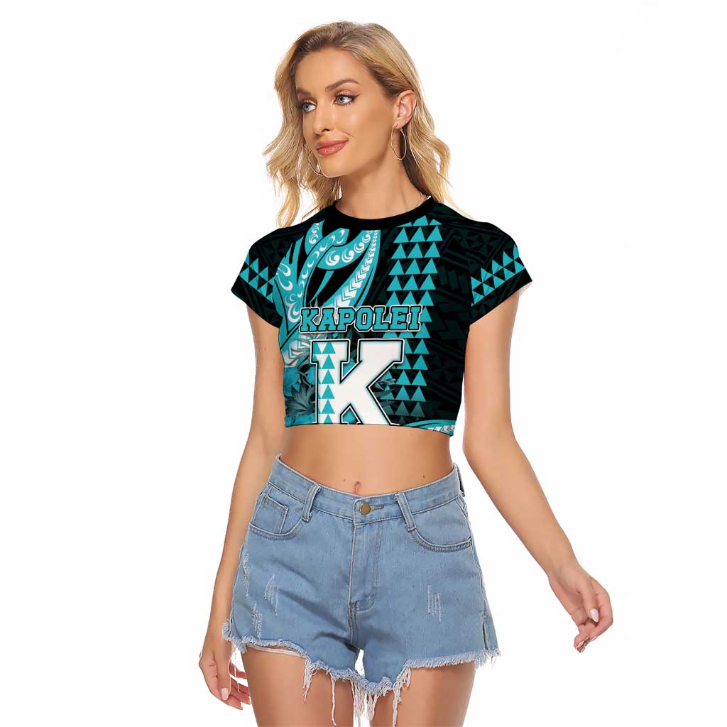 Personalised Hawaii Kapolei High School Raglan Cropped T Shirt Tribal Tattoo With Hibiscus Flowers LT05 Female Dark Teal - Polynesian Pride