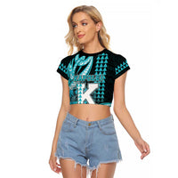 Personalised Hawaii Kapolei High School Raglan Cropped T Shirt Tribal Tattoo With Hibiscus Flowers LT05 Female Dark Teal - Polynesian Pride