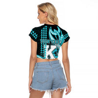 Personalised Hawaii Kapolei High School Raglan Cropped T Shirt Tribal Tattoo With Hibiscus Flowers LT05 - Polynesian Pride