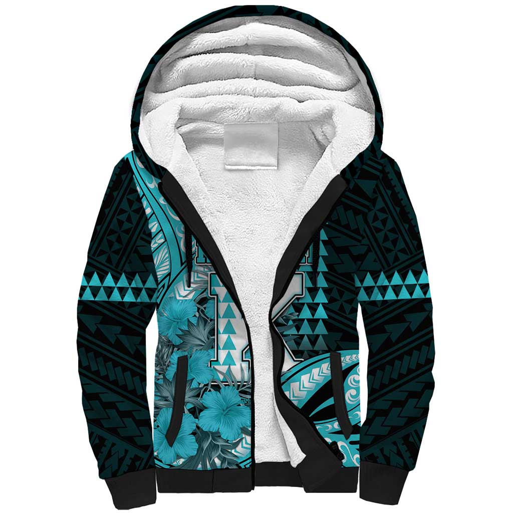 Personalised Hawaii Kapolei High School Sherpa Hoodie Tribal Tattoo With Hibiscus Flowers LT05 Unisex Dark Teal - Polynesian Pride